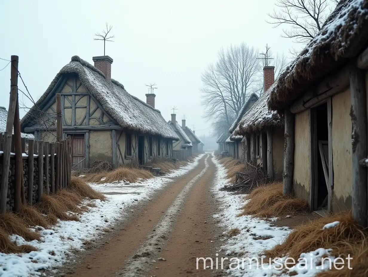 Historic Winter Village Scene with Dilapidated Thatched Houses