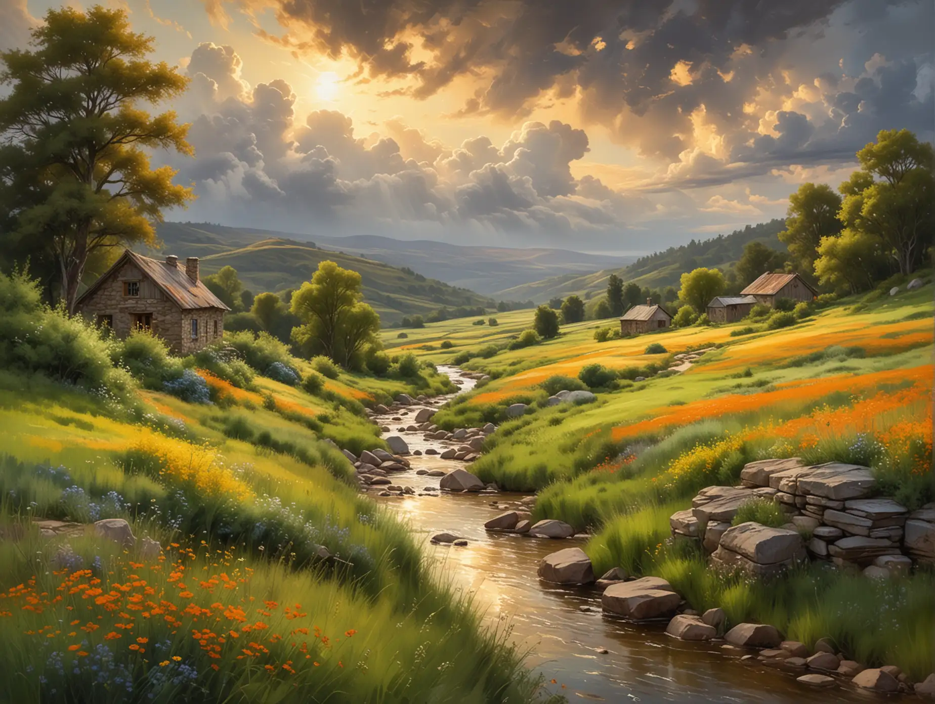 Rolling hills blanketed in lush, green trees stretch across the landscape, interspersed with patches of wildflowers in vibrant hues of yellow and orange. The scene is rendered with dynamic, textured brushstrokes, capturing a sense of movement and depth. A calm river meanders through the valley, its surface reflecting the vivid colors of the landscape and the turbulent clouds above. In the distance, small, rustic cottages with stone walls and simple, sloped roofs sit nestled among the greenery, partially obscured by tall, expressive strokes of grass. The expansive sky is filled with swirling, dramatic clouds, painted in thick, energetic strokes that create a sense of motion and grandeur. The warm afternoon sunlight filters through the scene, casting a gentle glow that highlights the verdant greens and golden tones, bringing the landscape to life with vibrant intensity.