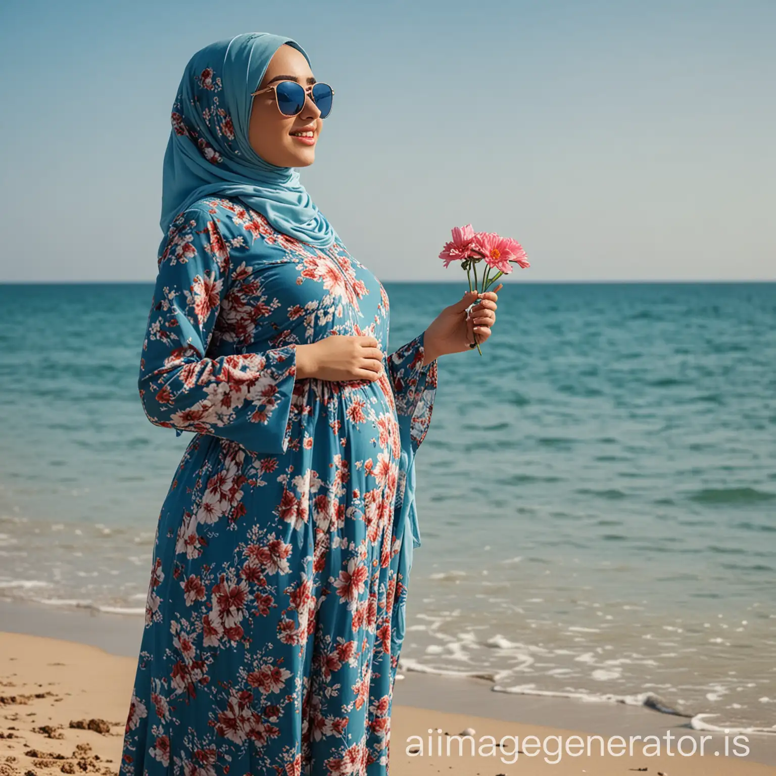 Pregnant-Muslim-Woman-in-Hijab-and-Floral-Dress-Standing-on-Beach-Looking-at-Blue-Sea