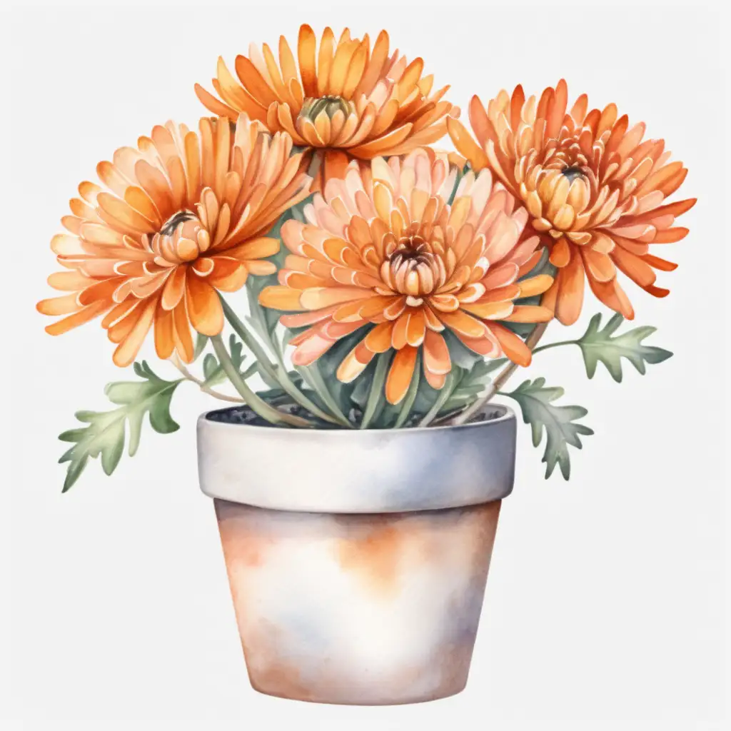 Watercolor Clipart of a Vibrant Orange Mum in a Pot