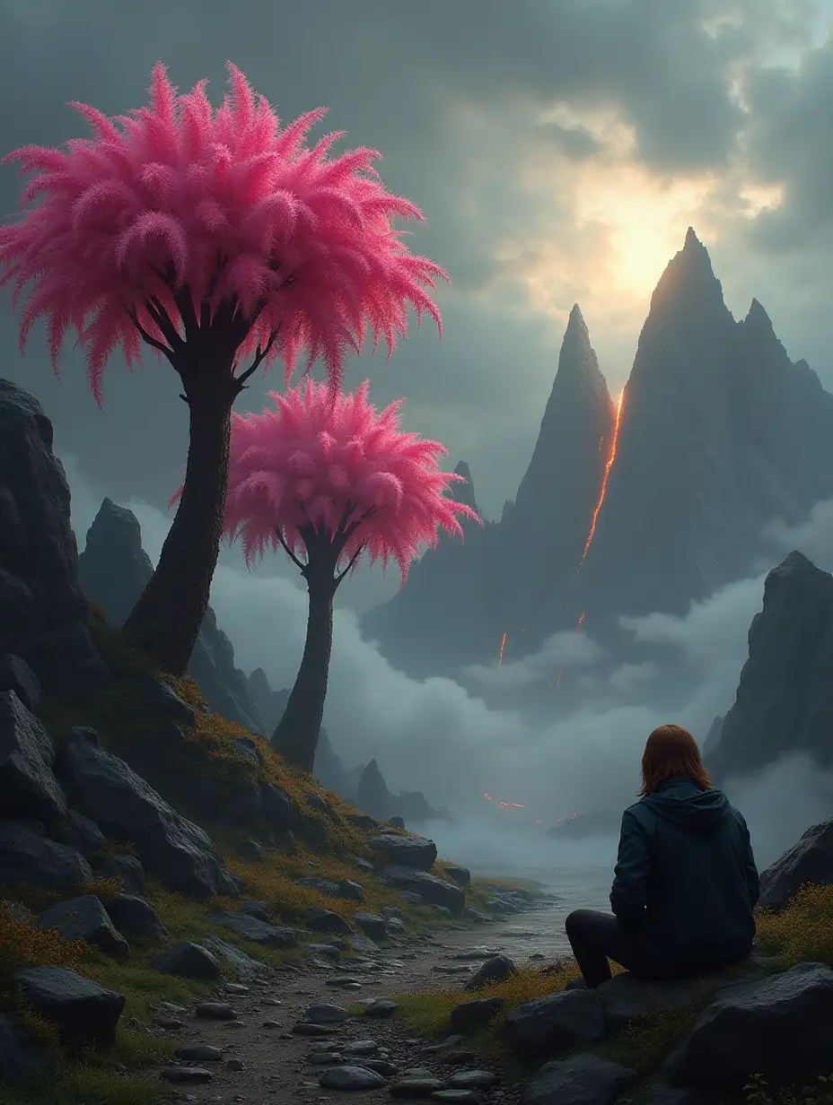 Digital painting depicting an alien landscape with a dramatic and surreal atmosphere. The foreground is dominated by two large, bright pink, feather-like trees with dark brown trunks. These futuristic trees have intricate fringed canopies that resemble flowing hair or soft, delicate leaves, creating a soft and ethereal look. Their pinkish-red foliage is illuminated by soft, diffused light, emphasizing its delicacy and translucency. On the right, a man with shoulder-length brown hair sits on stony ground, facing away from the viewer and toward the background. He is wearing a dark hooded jacket with visible seams and pockets and pants, giving him a mysterious and contemplative mood. In the middle ground is a rugged rocky terrain with patches of dark green vegetation including mosses, lichens and small plants, giving the scene depth and texture. In the background, jagged, dark mountain peaks rise dramatically against an overcast sky draped in thick, ominous clouds. These mountains are partially illuminated with orange light, suggestive of lava flows or fires. The sky is filled with dark gray clouds and patches of lighter clouds, through which a bright light source shines through, emitting an amber-orange glow that illuminates the distant landscape. This light source creates a stark contrast to the dark mountainous terrain, heightening the drama and surrealism of the scene. The overall color palette includes a dark gray, muted green