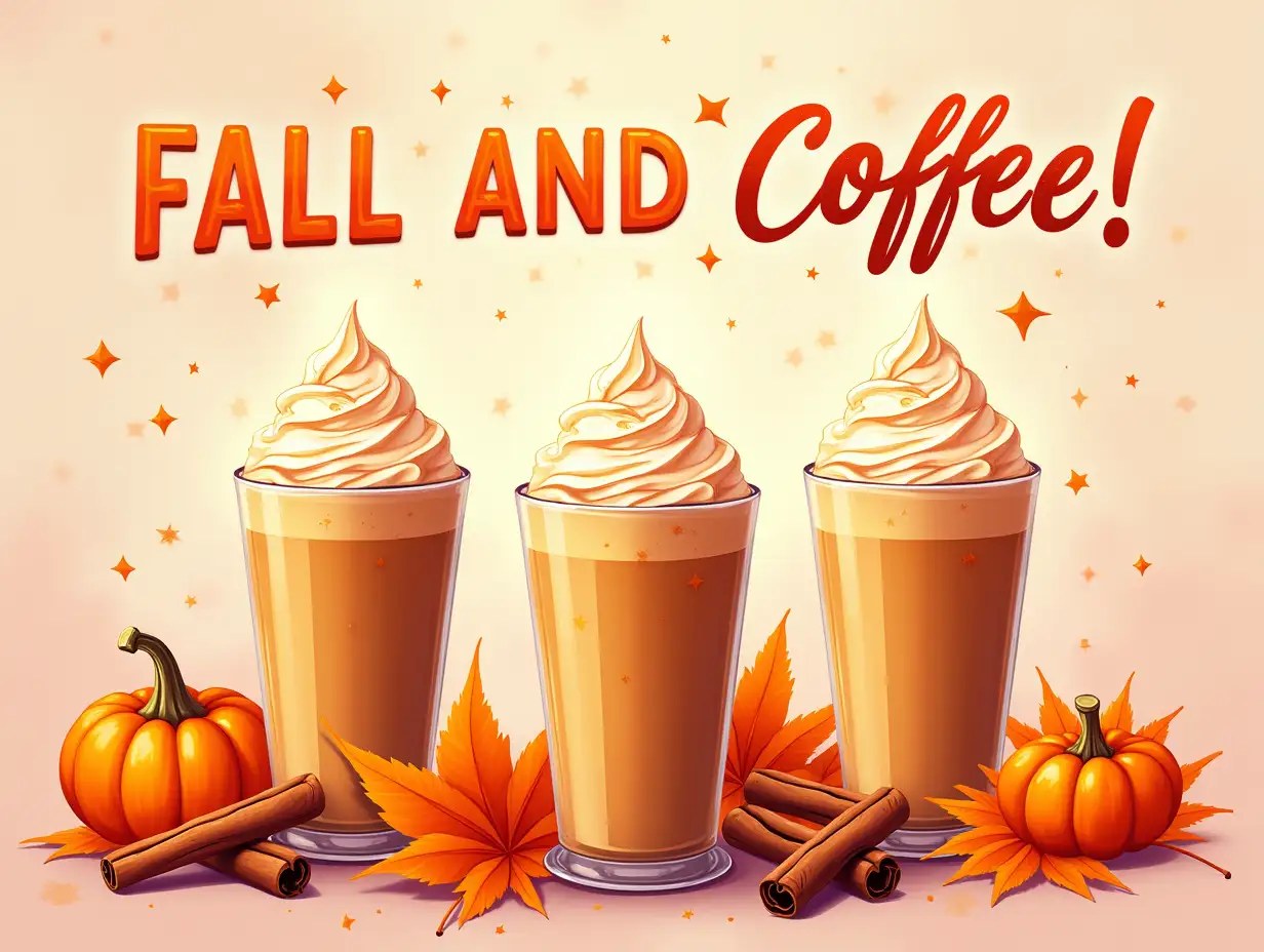 Vector, neon Art . A vibrant fall scene featuring three different pumpkin spice lattes. The lattes are surrounded by autumn leaves, cinnamon sticks, and glittering stars. The phrase 'FALL AND COFFEE' is written in bold, cursive script above the lattes. The image should have a warm, inviting aesthetic with detailed textures and vibrant colors. Elements such as the froth on the lattes, the veins in the leaves, and the sparkles on the background should be clearly visible. The background should be a subtle watercolor wash with soft, blended colors.