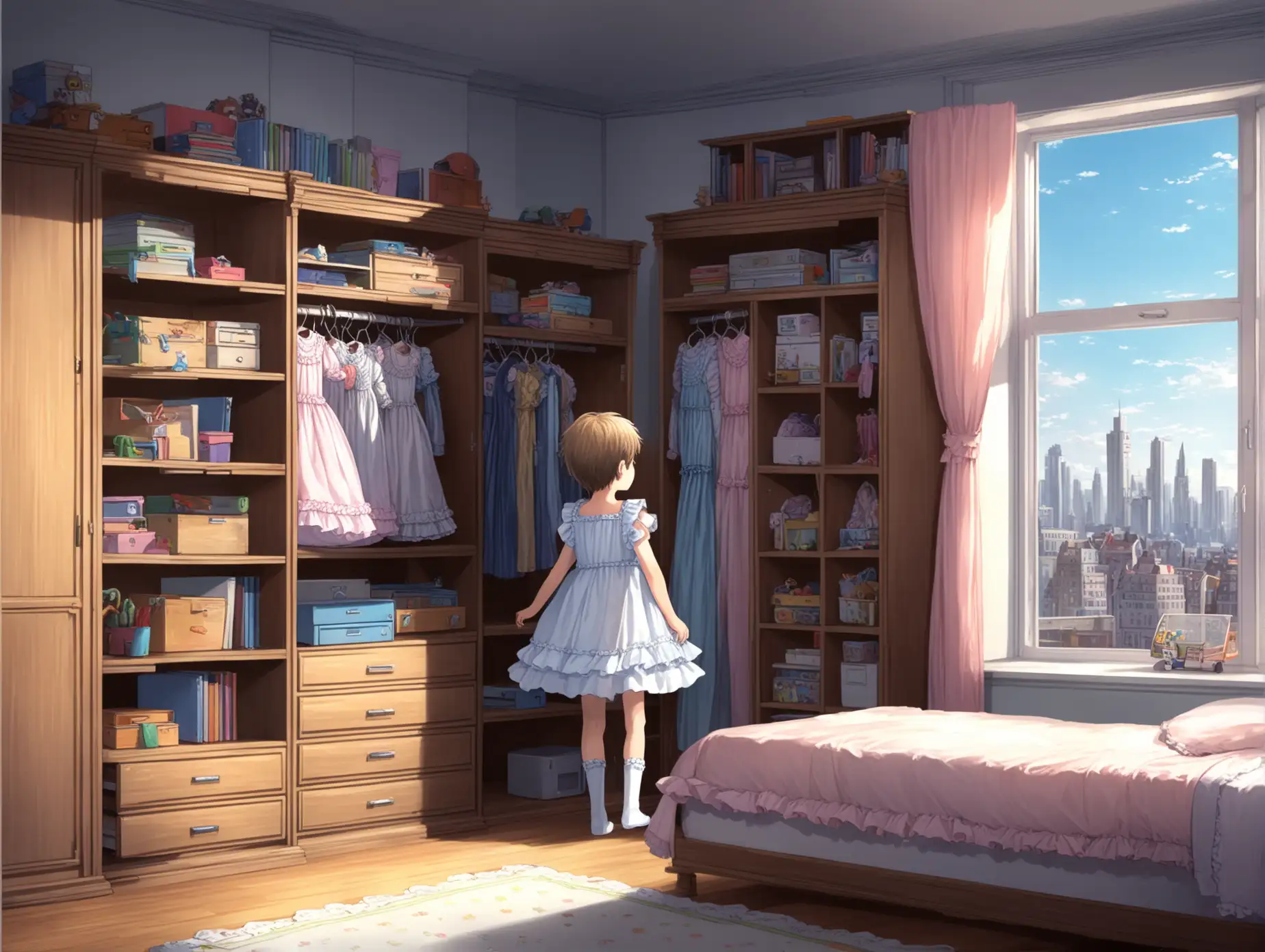 Young boy wearing frilly dresses, wardrobe, shelves, window, city, PC, bedroom