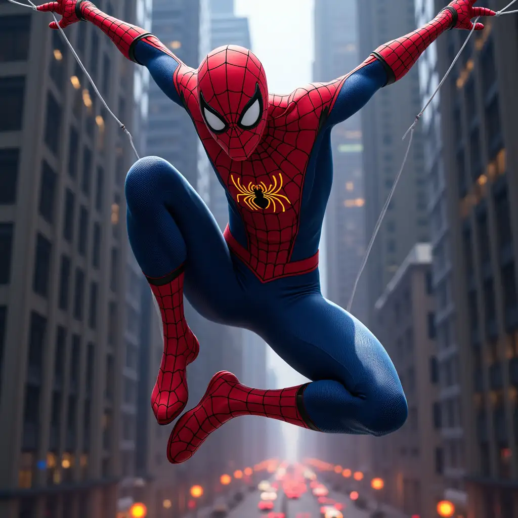 Spider-Man in red-and-blue suit swinging from webs between New York skyscrapers, spider emblem glowing on chest.