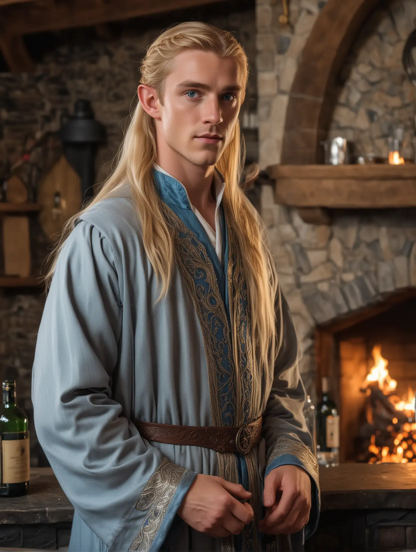 Elven Innkeeper with Vibrant Blue Eyes and Golden Blonde Hair in Robes