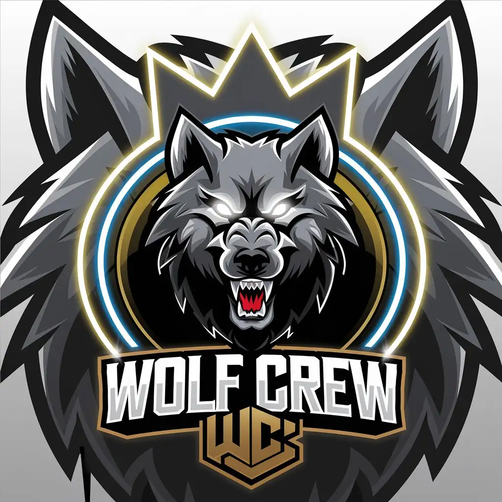 LOGO Design for Wolf Crew Neon Wolf WC Gold Crown Military Gaming Theme