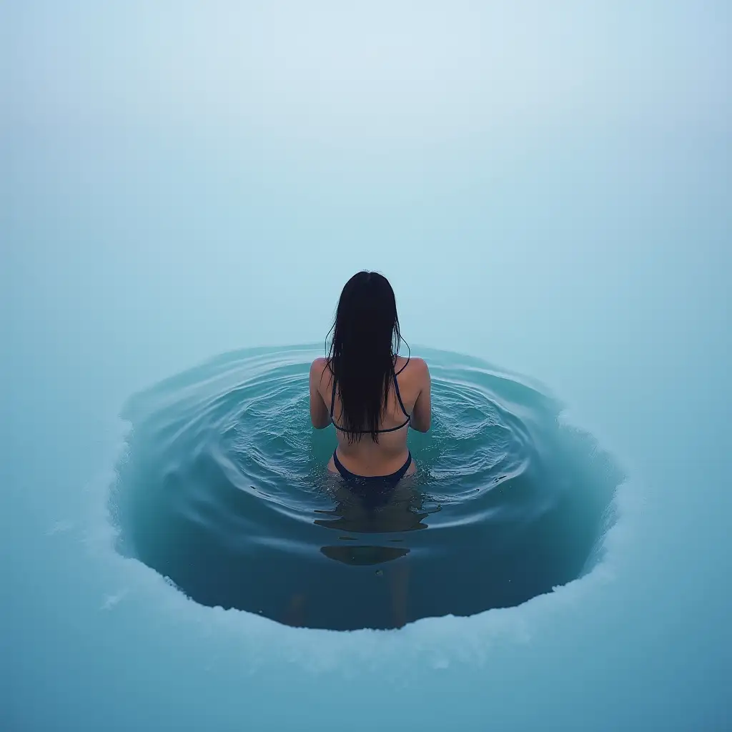 a woman in a swimsuit swims in a hole in the frozen lake baikal