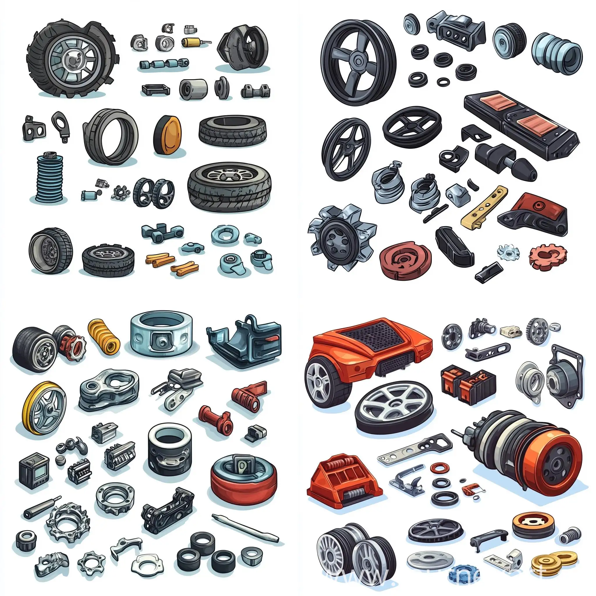 Various-Car-Spare-Parts-and-Tuning-on-White-Background-in-Cartoon-Style