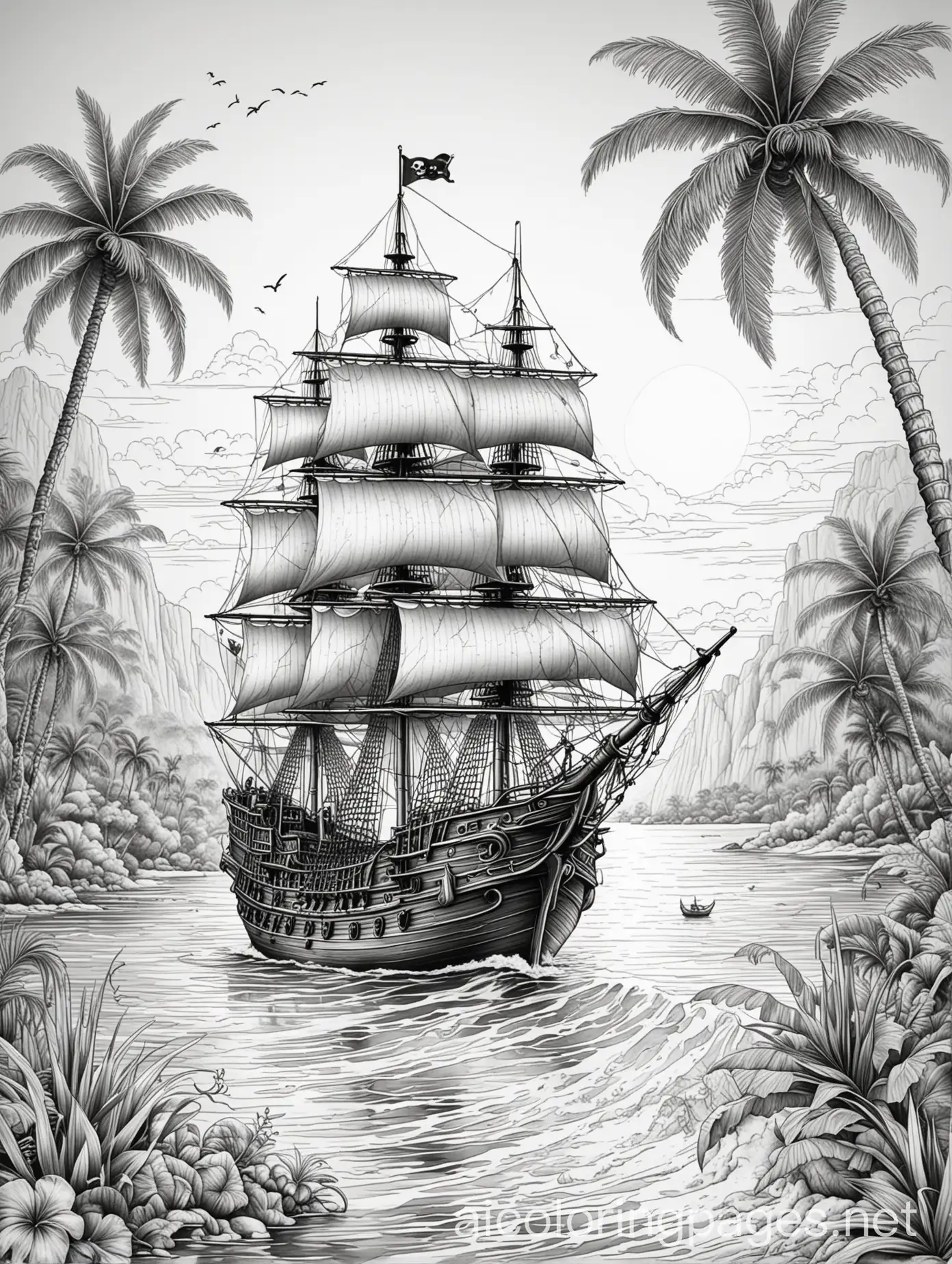 Detailed-Pirate-Ship-Tattoo-Illustration-at-Sunset-for-Coloring-Page