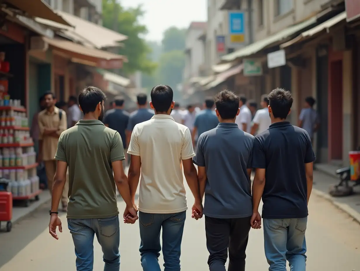 Pakistani group of people, walking on a street, wearing polo t-shirts, holding their hands, shot taken from their back, different local shops are seeing in the shot