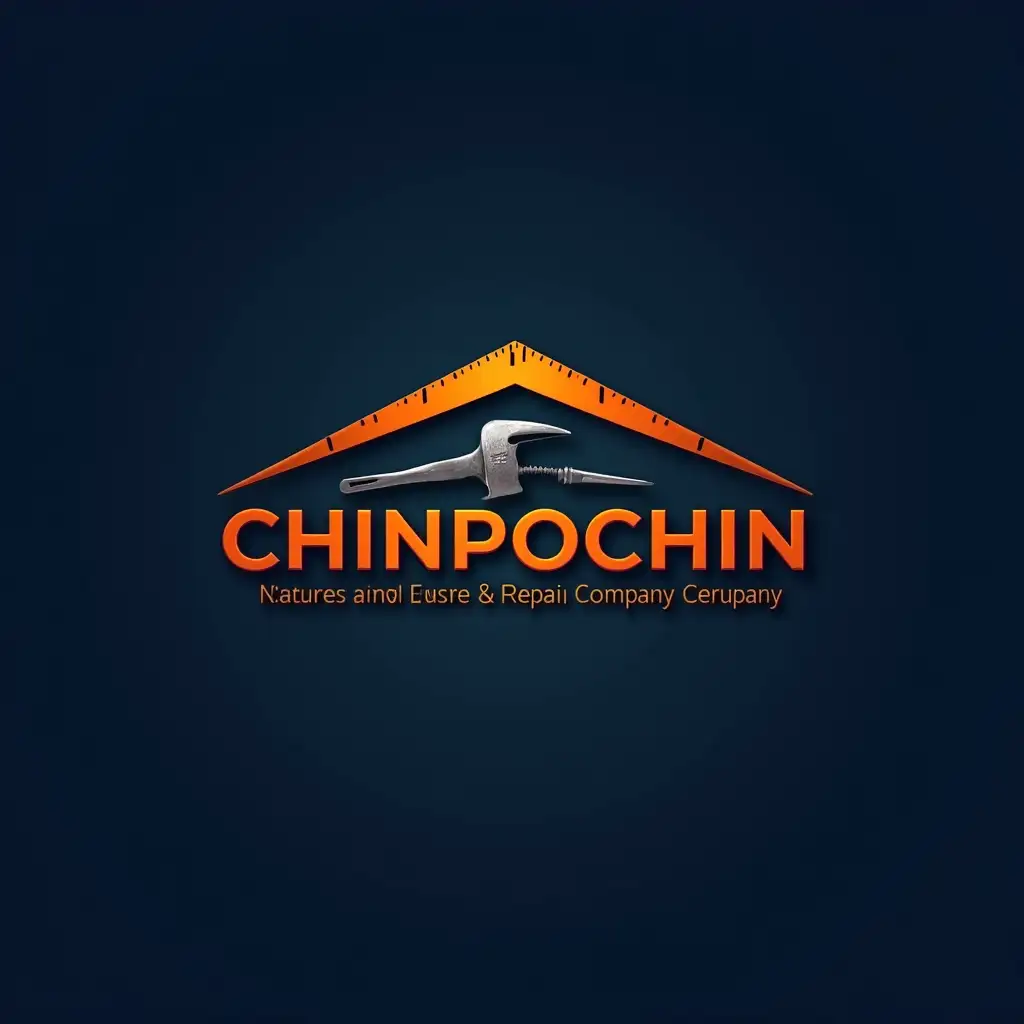 Create a logo for a home repair technical company named CHINPOCHIN, using ruler guidelines, in dark blue and orange colors, with a metallic texture