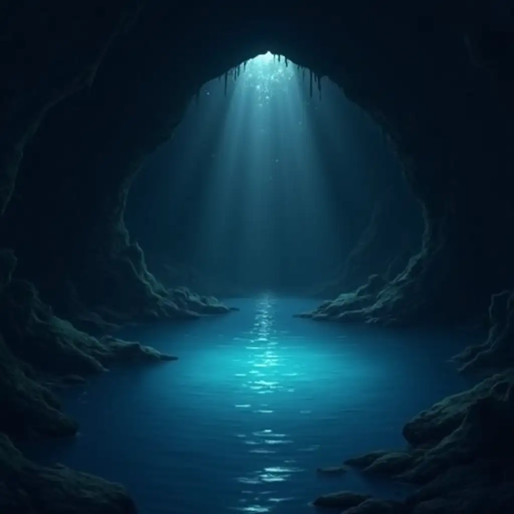 An underground lake. it glows from the inside. The picture is dark and mysterious. Anime style.