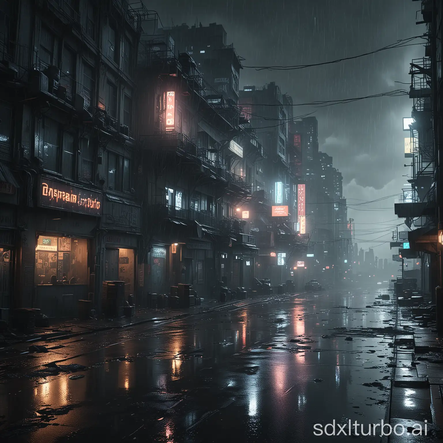 Dystopian cyberpunk poor city, dark ambiance, night,8K, hyper realistic, rainy, thunderstorm,  cinematic