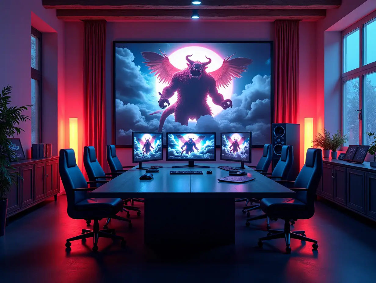 see a large gaming room with three monitors gaming table a statue of the attack on titan monster 180 degrees shots 8K resolution colorful