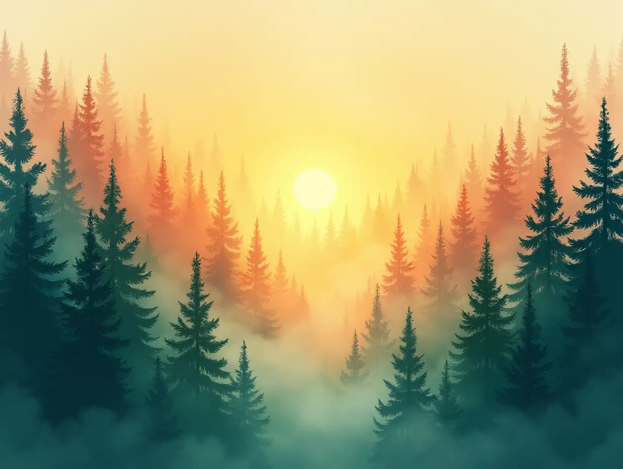 A scenic forest landscape at sunrise with warm golden hues fading into misty treetops. The trees appear in soft silhouette, creating a calm and welcoming atmosphere. In the center, green script, blending harmoniously with the natural backdrop. Watercolor and neon, seamless design