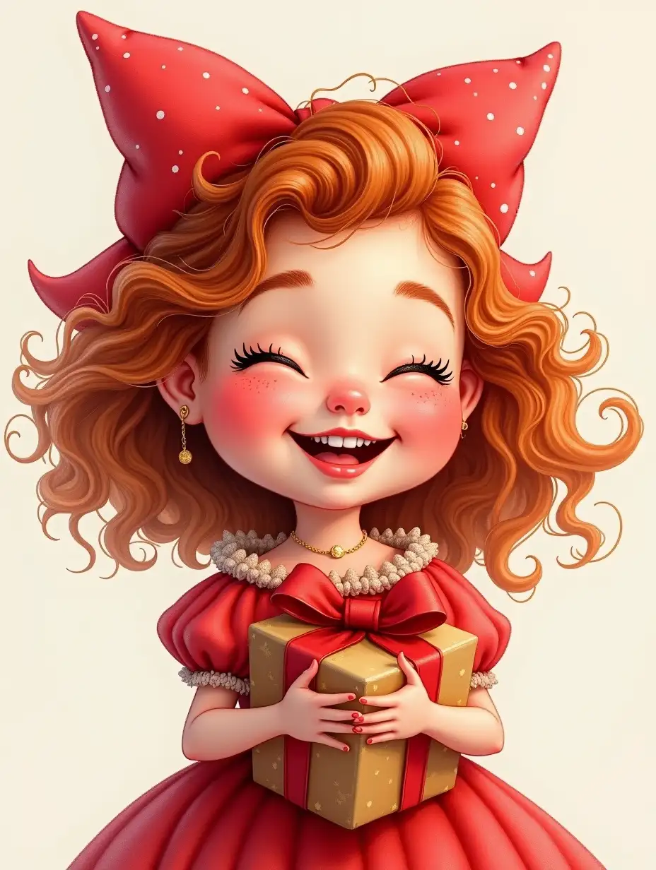 A caricatured tender funny girl in full growth, European appearance DreamWorks reddish curls, drawing of eyelashes, closed eyes, rosy chubby cheeks with freckles, plump lips laughing. On her head there is a large red bow, dressed in a red fluffy dress with sparkles, Holdinglarge gift with a red bow, ink rendering, 4k, high detail photorealistic airy realistic watercolor, photorealism, wide strokes,