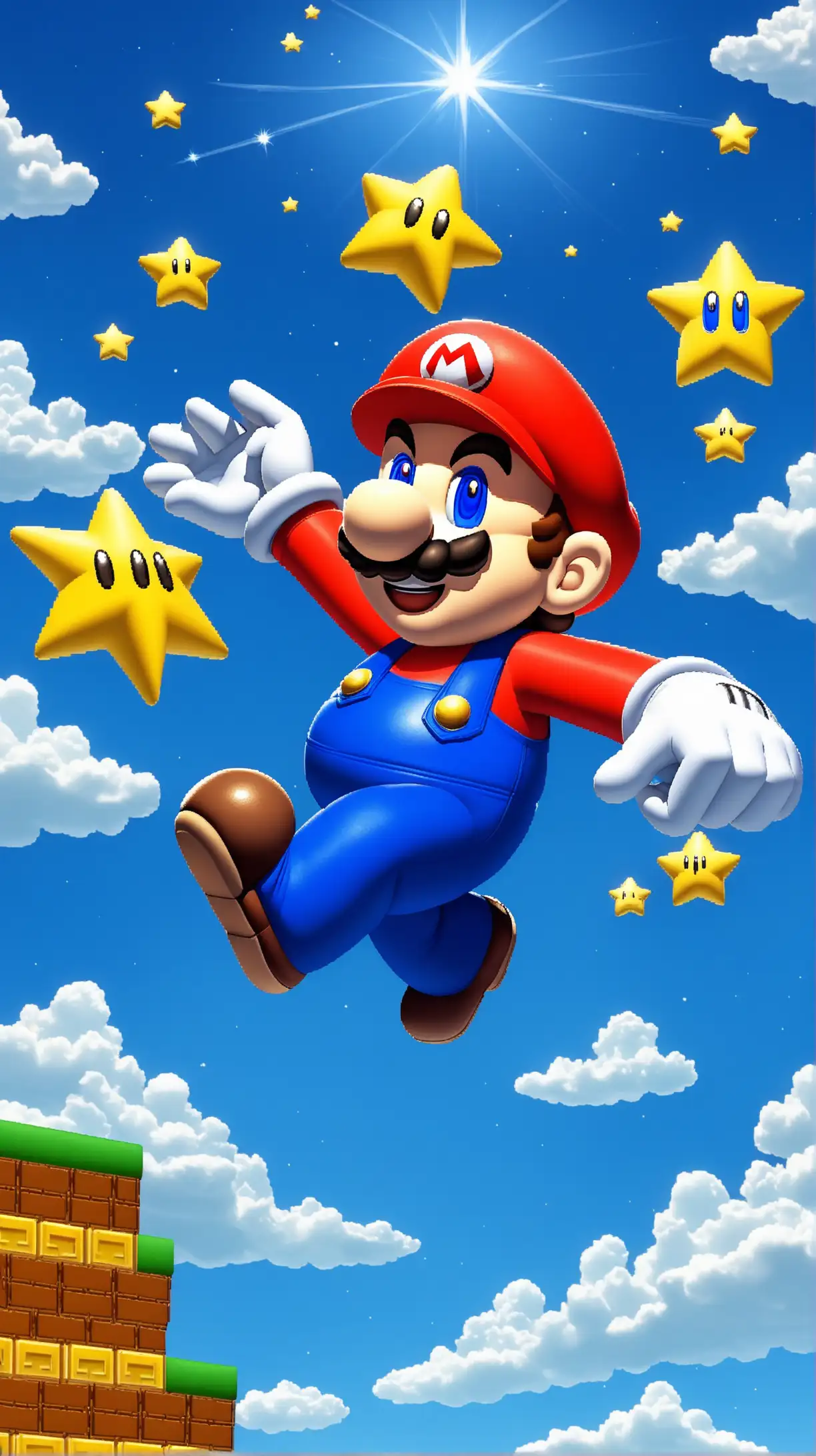 Super Mario Holding Star in Blue Sky with Clouds