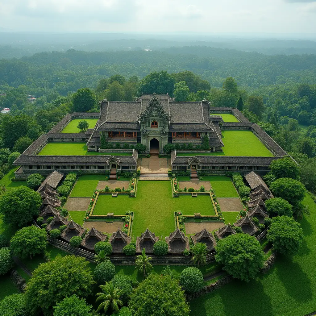 a village with an ancient Indonesian palace colored green and surrounded by palace walls, surrounded by traditional Indonesian houses made of wood, in a flowery field, view from above