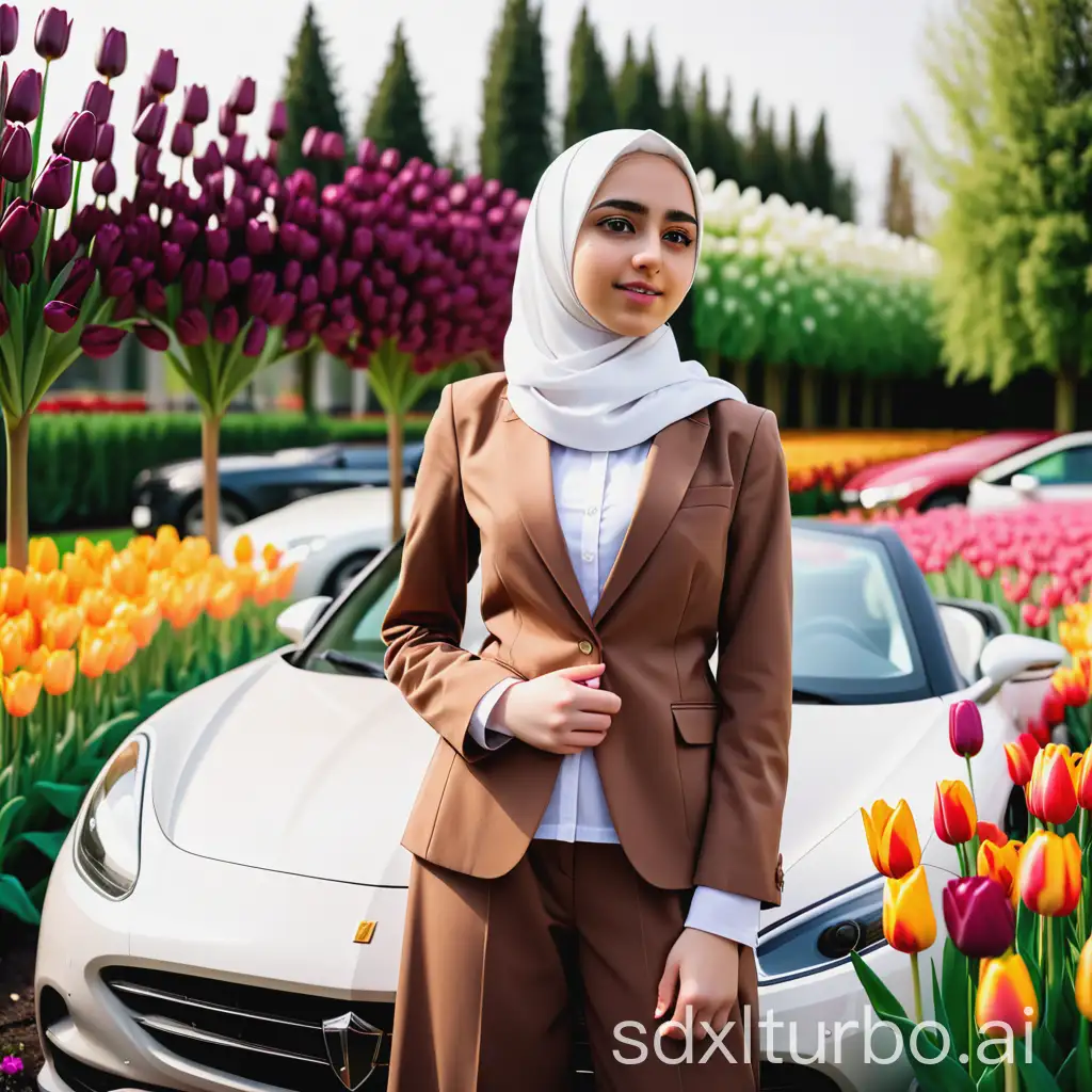 A 20 year old Caucasian Muslim woman in a white hijab, wearing a brown blazer school uniform, standing in front of a luxury car in the middle of a beautiful colorful tulip garden