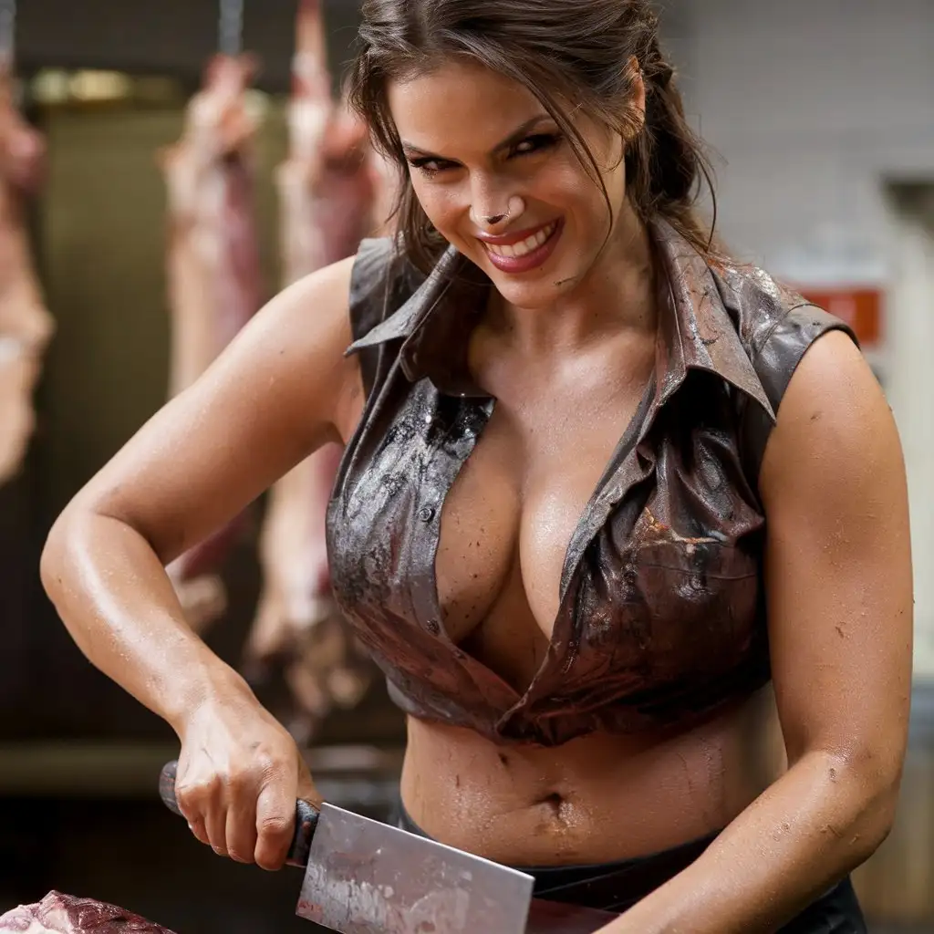 Beautiful-Woman-with-Seductive-Smile-Carving-Carcass-in-Grimy-Setting