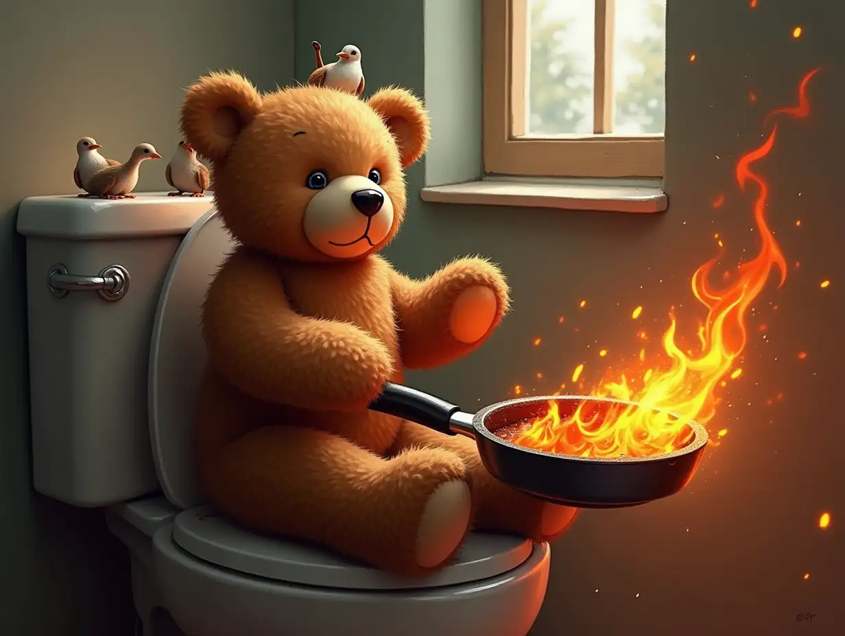 Creating a digital painting of a teddy bear with a frying pan and weasels in a toilet with fire and the fire department