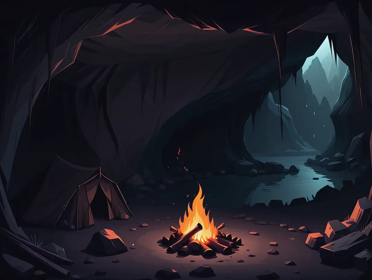 Dark-Cave-Scene-with-Campfire-Illumination