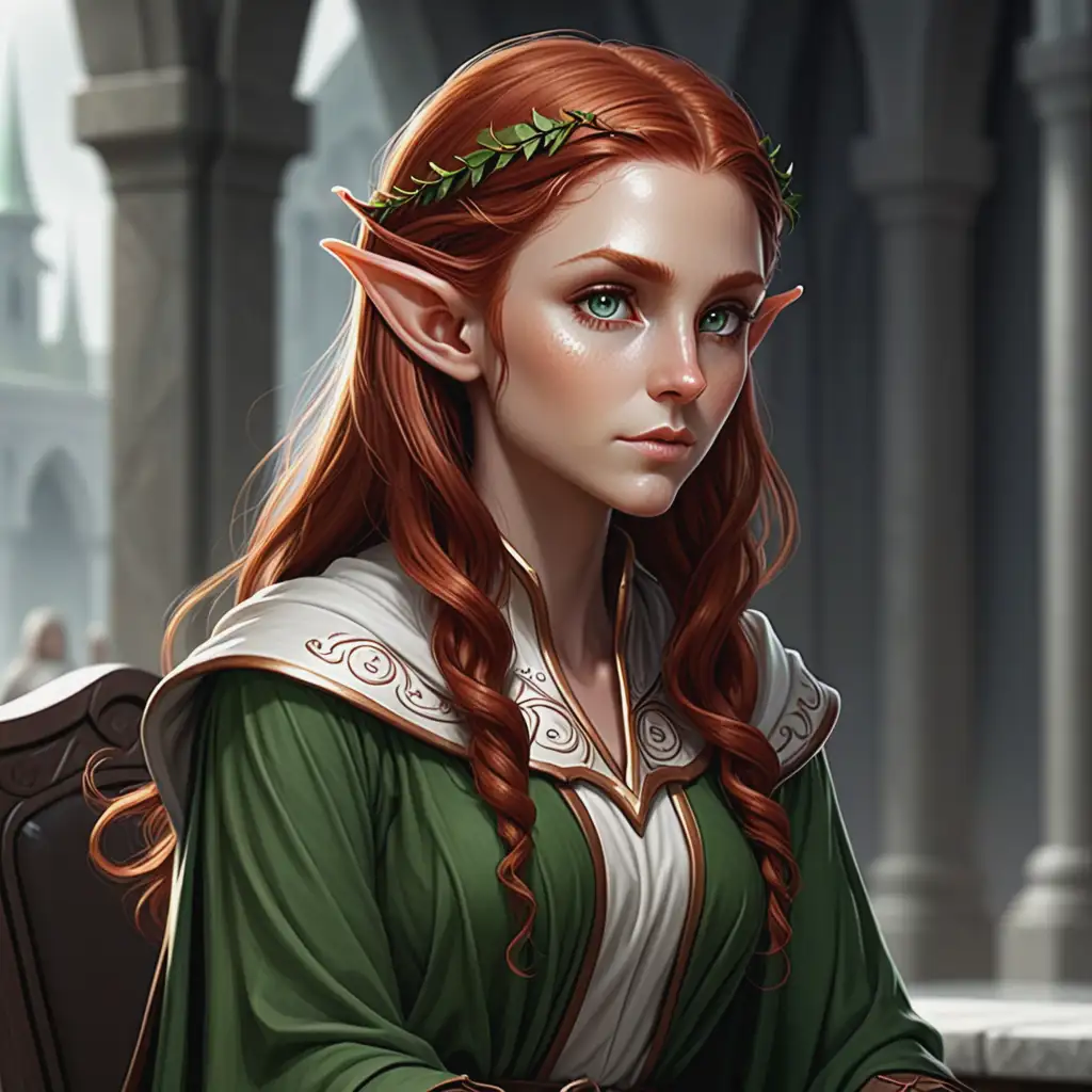 Bronzeskinned Elf with Auburn Hair and Gray Eyes