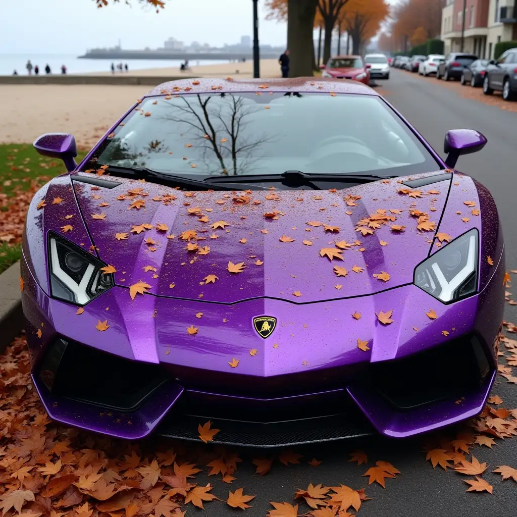 A vibrant purple Lamborghini sports car, covered in scattered brown autumn leaves, parked on a city street by a beach...