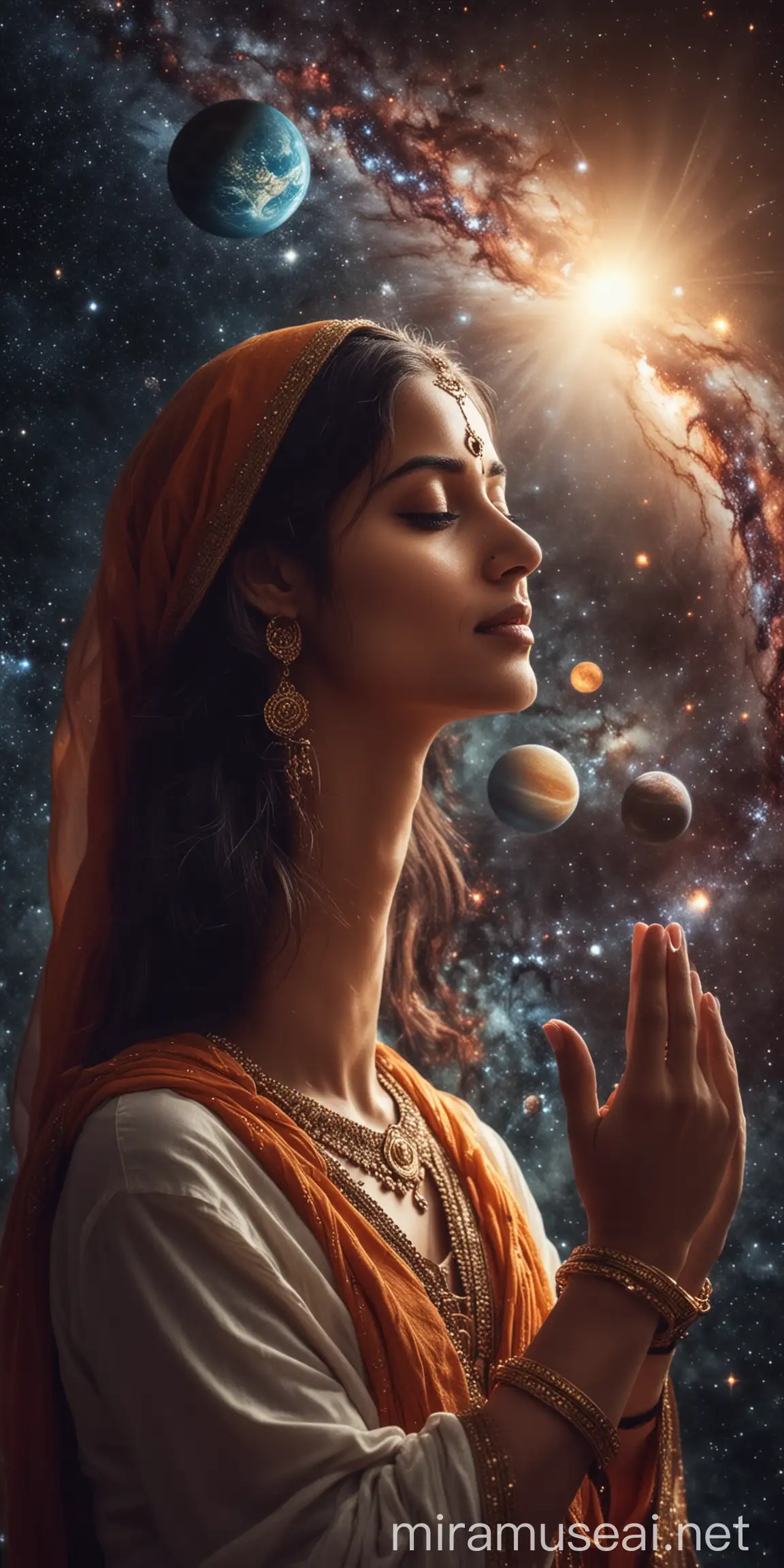 Sikh Lady Contemplating Universe with Divine Light and Spiritual Vision