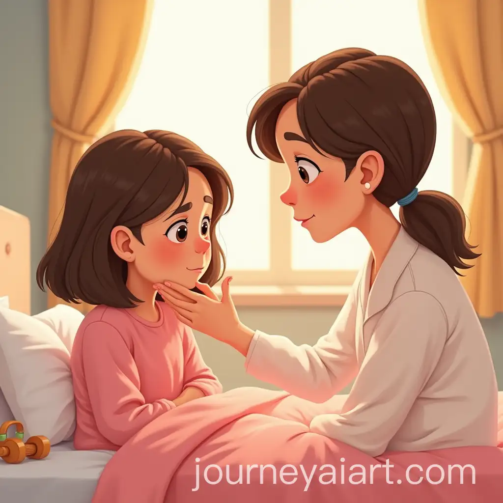 AI-Image-Prompt-ExpansionCartoon-Girl-Sick-in-Bed-with-Mother-Checking-Forehead-in-Childrens-Book-Style