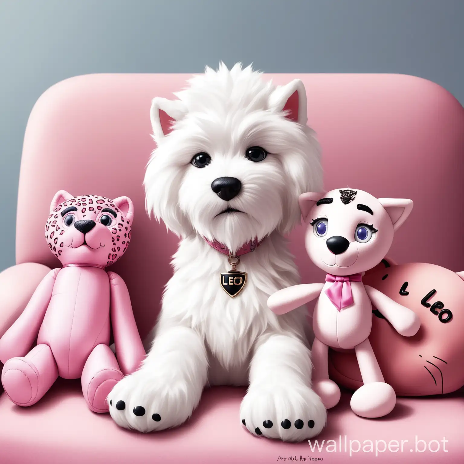 a white furry cute dog with his name LEO sitting with a pink panther doll