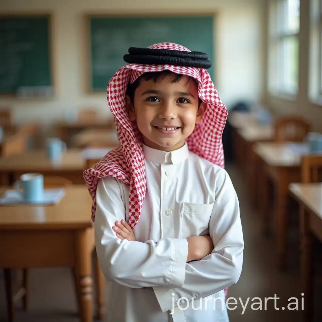 Omani-Boy-in-Traditional-Dishdasha-and-Kuma-in-Classroom