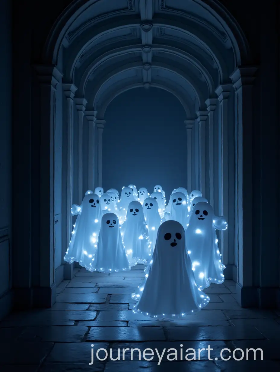 Ghosts-Moving-Through-a-Haunted-Palace-with-Festive-Lights