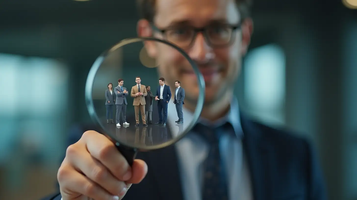 Man Examining Employees with Magnifying Glass