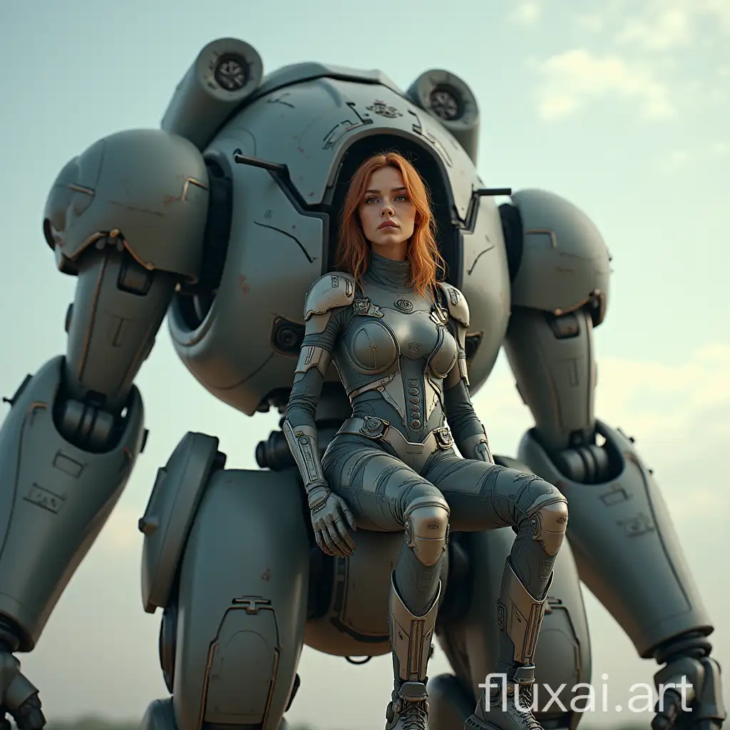 female pilot sits inside a huge battle mech, sci-fi