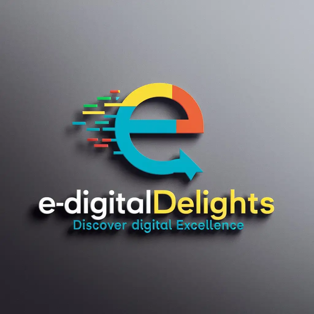 a vector logo design,with the text "E-DigitalDelights", main symbol:The letter "E" is the symbol for the electronic and the down arrow is the symbol for uploading files. Speed, simplicity, multi-colored, the slogan "Discover Digital Excellence" ,complex,be used in Online store industry,clear background