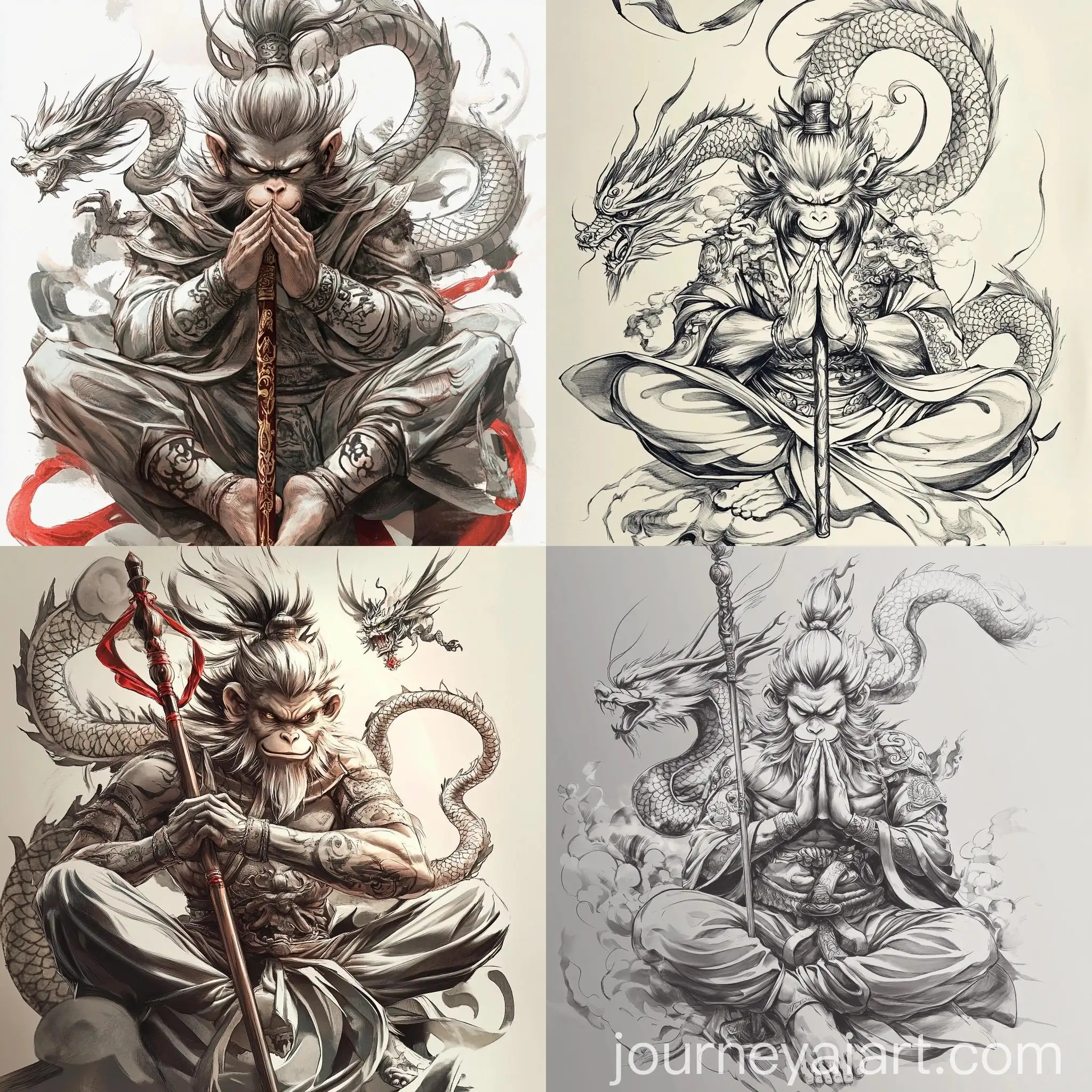 Monkey-King-Sitting-Sideways-with-Sacred-Staff-and-Chinese-Dragon