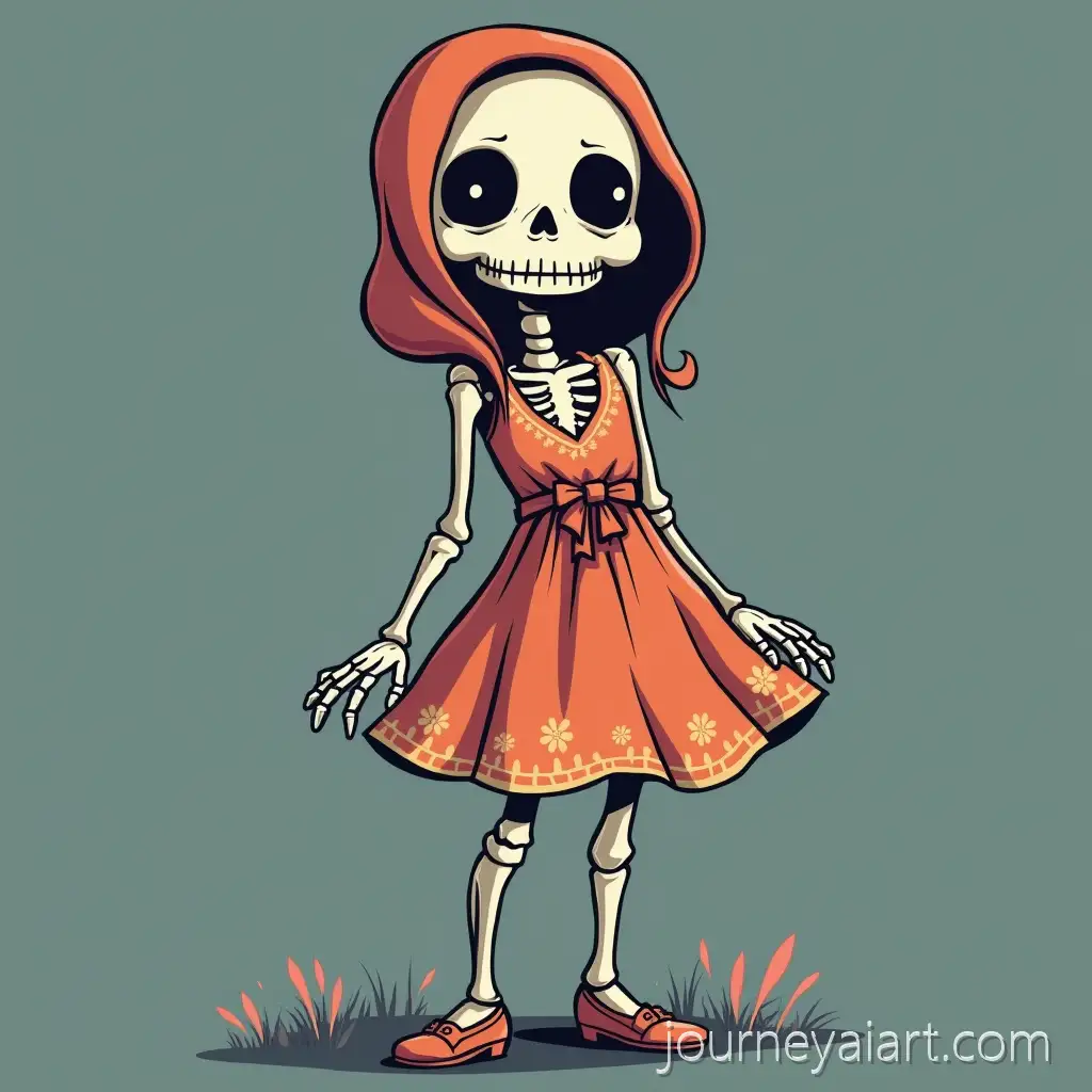 Cute-Female-Skeleton-Cartoon-Wearing-Colorful-Dress-in-Playful-Pose