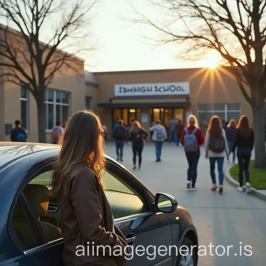 A mother is waiting for her daughter alone in her car in front of the high school. Many teenagers are exiting the high school but not hers