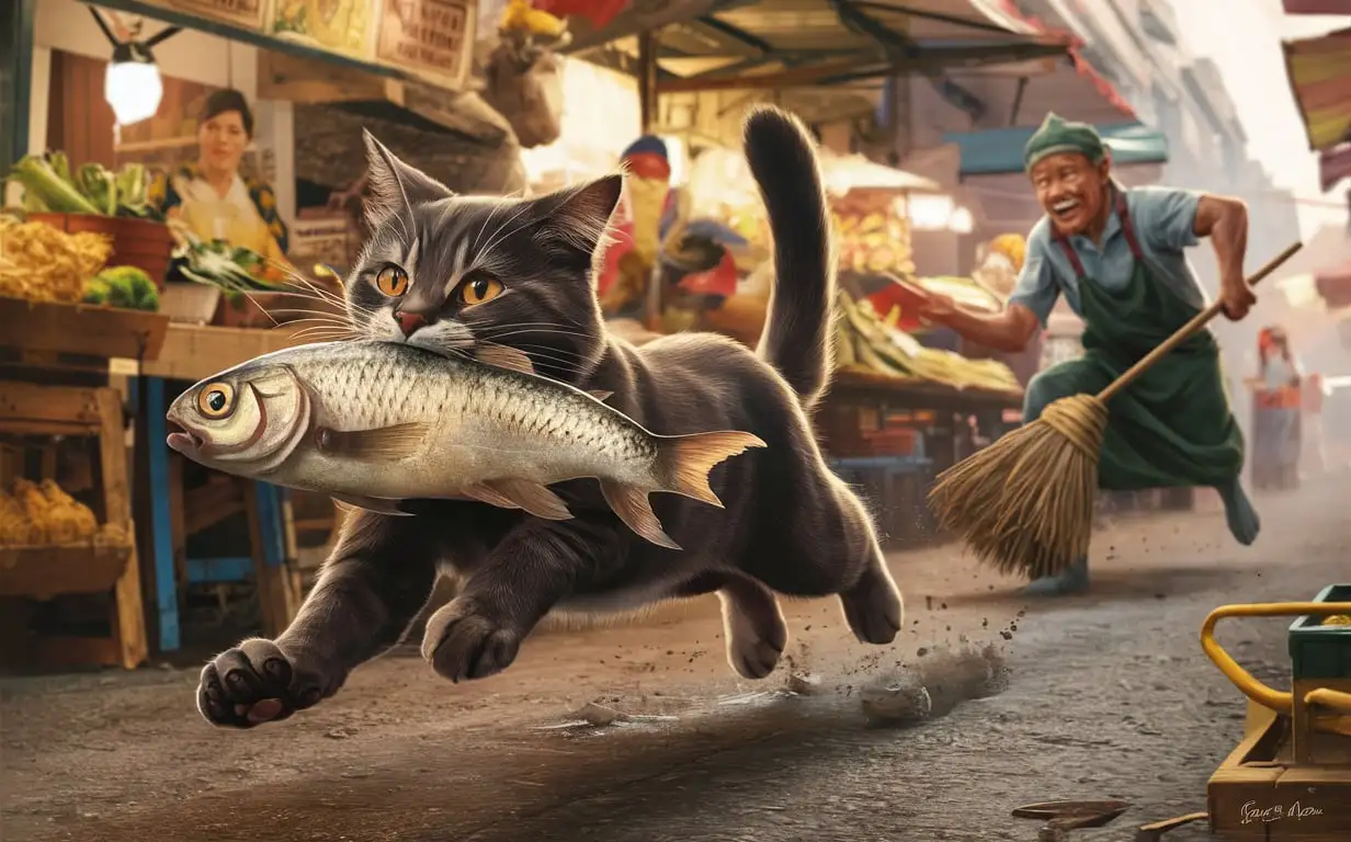 realistic matte painting, cat is running on four paws, running away with big fish in his mouth , in the distance merchant is chasing him, background is a farmers market