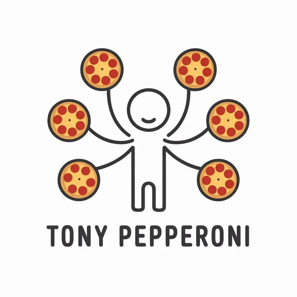 LOGO Design for Tony Pepperoni Minimalist Cartoon Person with 6 Arms and Pizzas