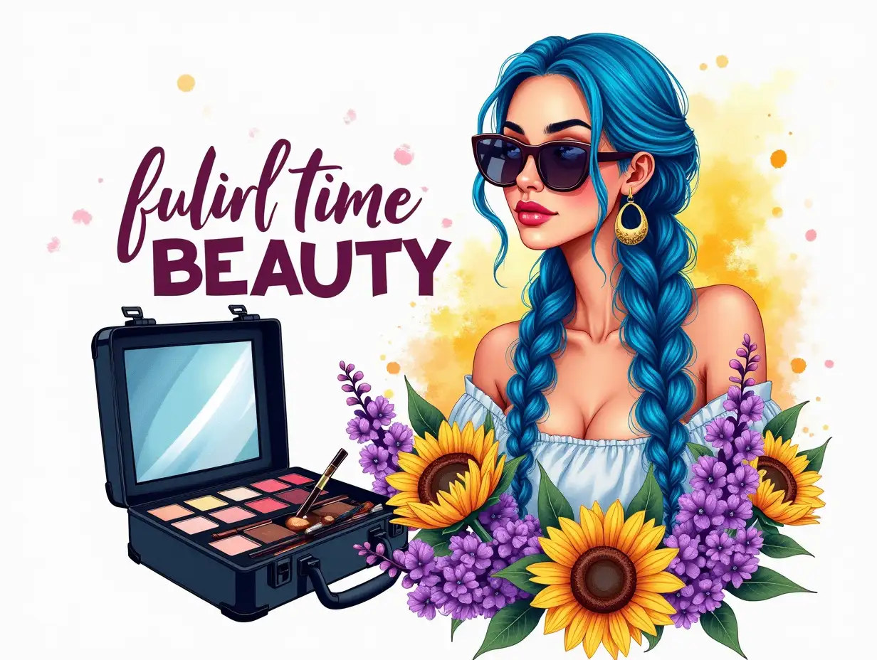 Watercolor ART, Dreamy-Style. Create a vibrant illustration of a young woman with long, bright blue hair in intricate braids, wearing oversized sunglasses and bold earrings. The text 'full time BEAUTY' in a bold, playful font, and add watercolor splashes in the background for an artistic touch. She is surrounded by sunflowers and purple flowers for a bohemian look. In the foreground, an open black makeup case reveals brushes and cosmetics, emphasizing beauty. Use modern pop art elements with saturated colors like deep purple, rich yellow, and electric blue for a lively atmosphere.