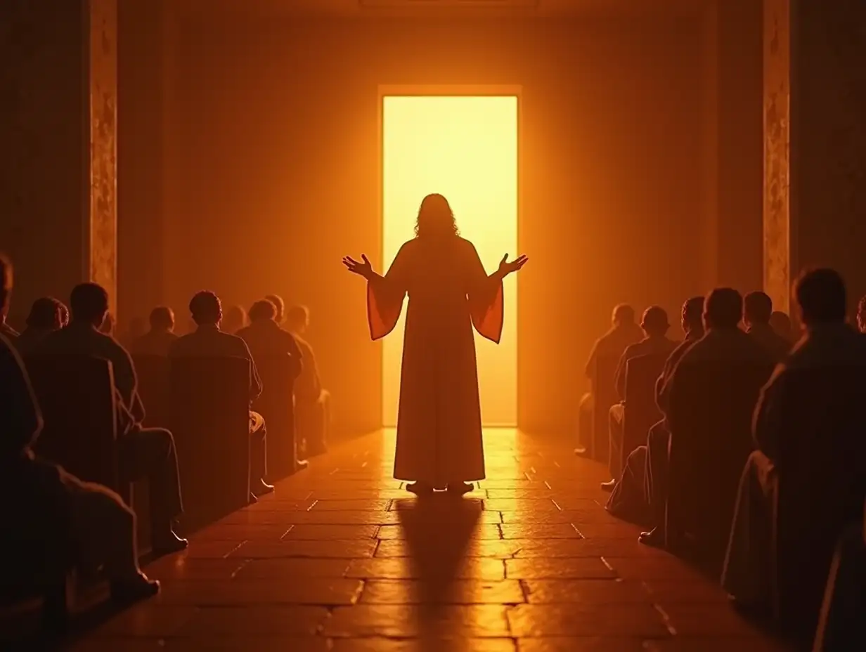 Jesus preaching, the place is similar to the room of a house, realistic style, orange light like sunset, seen directly