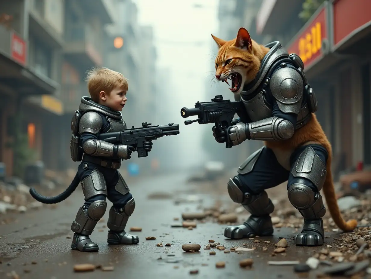 a baby boy wearing metal armor suit, holding short gun towards an angry giant cat, wearing metal armor suit with machine gun towards the boy, damage futuristic city, horizontal Cinematic view