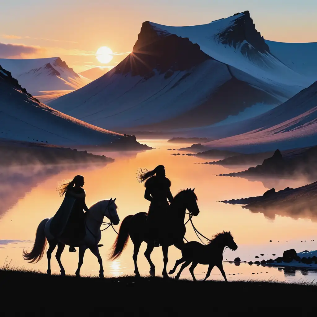 Silhouette of Viking Man Leading Pony with Woman Riding at Sunrise in Icelandic Landscape