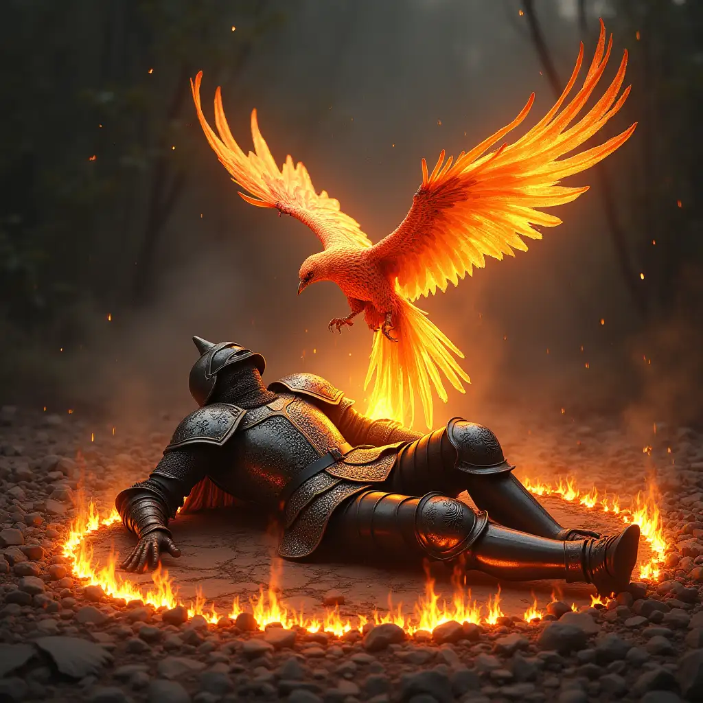 A fallen knight lying on the ground with shattered armor, surrounded by a circle of glowing embers. From these embers, a phoenix is emerging, spreading its wings above the knight, signifying rebirth and the triumph of the spirit.