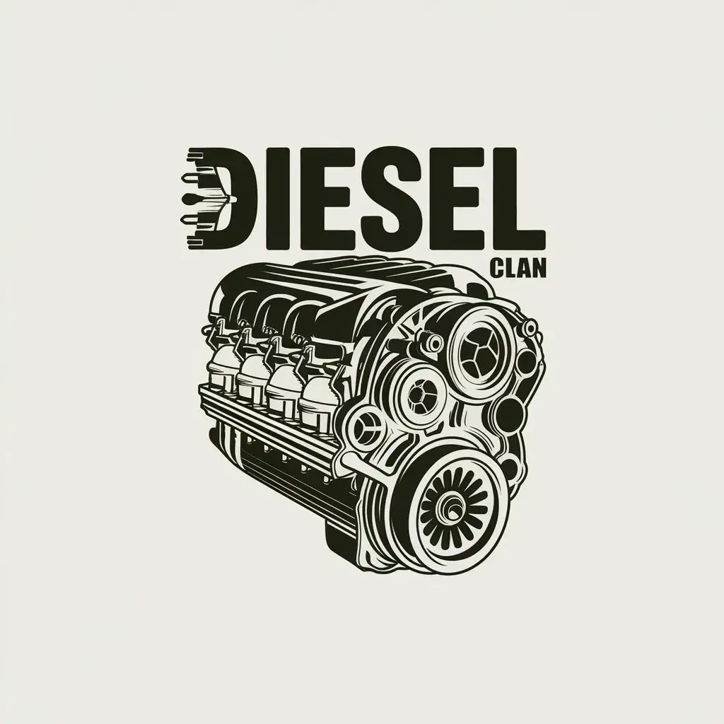 a vector logo design,with the text "Diesel Clan", main symbol:Engine cutaway, injector,complex,clear background