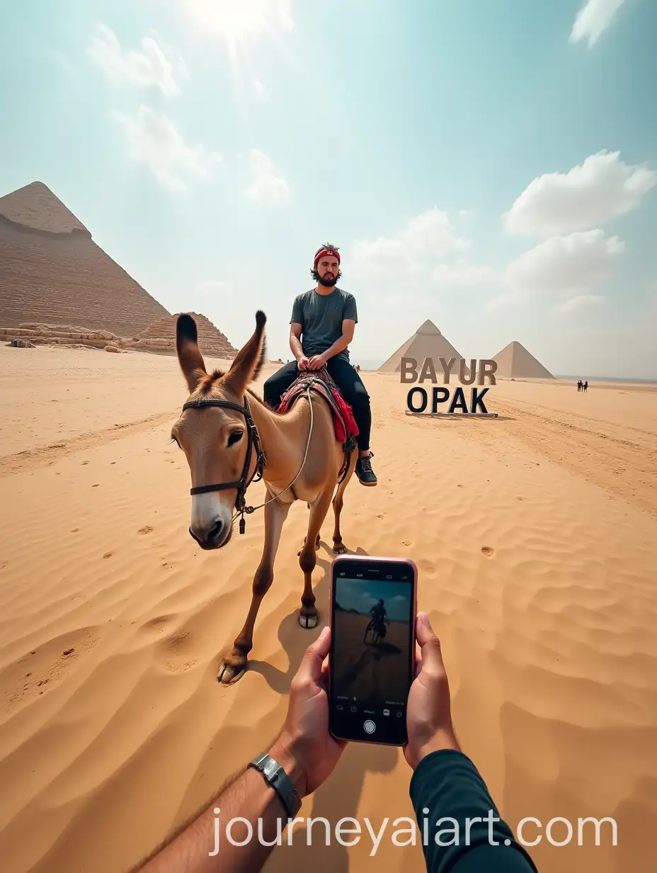 Person-Riding-a-Donkey-in-the-Desert-with-Pyramids-and-BAYUR-OPAK-Sign