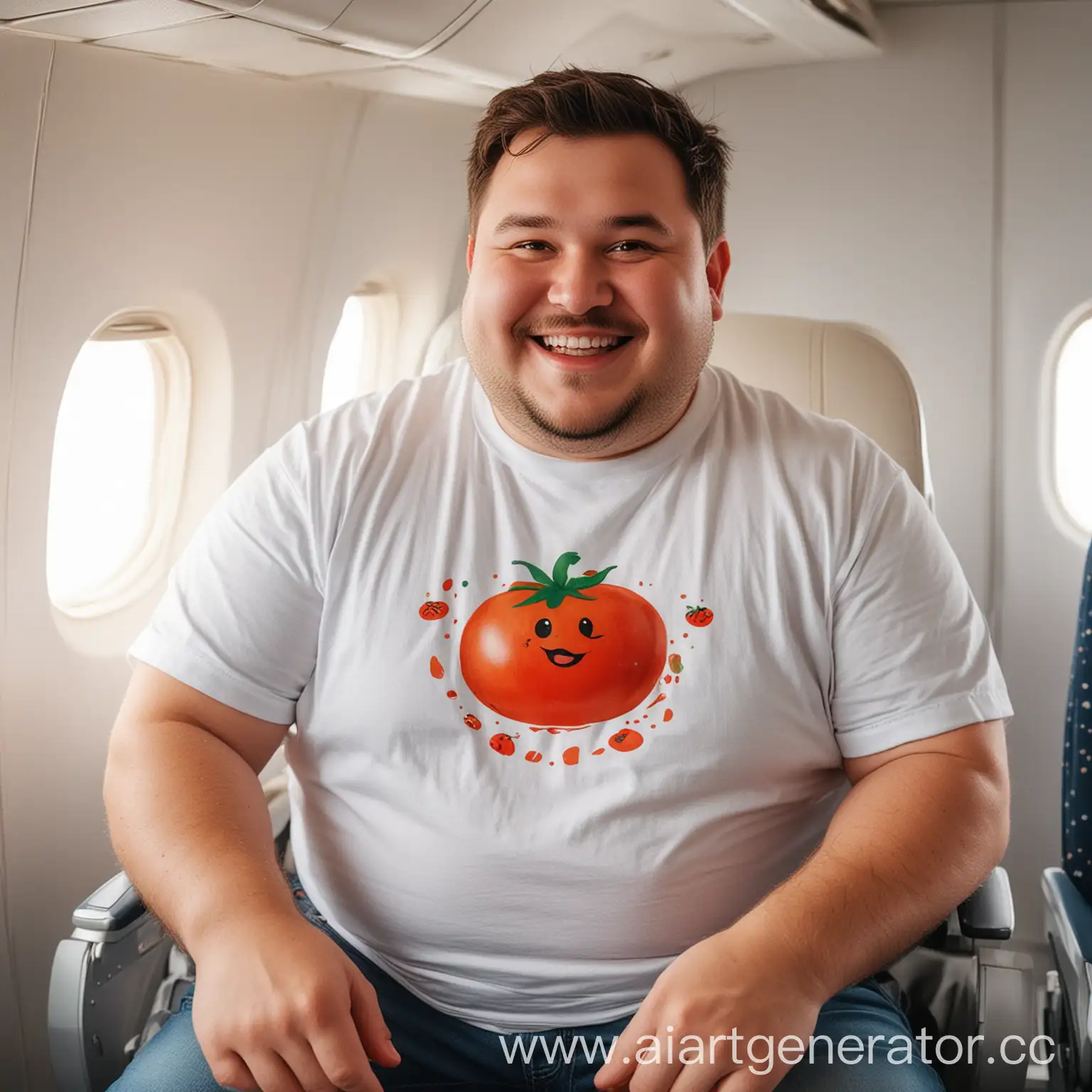 Chubby-Man-in-White-TShirt-with-Tomato-Print-Smiling-on-an-Airplane