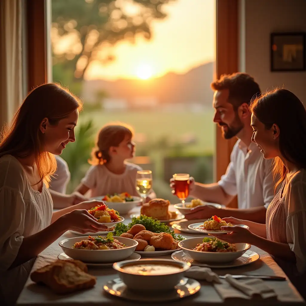 Create a warm, inviting scene of a family meal at home. The family, including a child, is dressed in light summer clothing, seated around a table filled with delicious ready-made dishes like soups, salads, bread, and main courses. Outside the window, a peaceful summer sunset is visible. Despite an emergency situation, the atmosphere inside is calm. Include the text: 'Ready meals delivered on time, even during emergencies. Stay safe, we'll take care of the food',